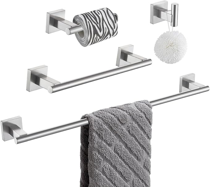 Suyar Bathroom Hardware Set Brushed Nickel, Bathroom Accessories 4 Pieces | Include Robe Hook, Toilet Paper Holder, Hand Towel Holder, Towel Bar, SUS304 Stainless Steel, Wall Mounted