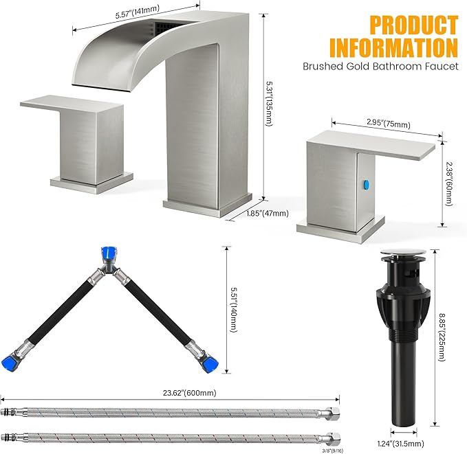 Waterfall Bathroom Faucets for Sink 3 Hole - Brushed Nickel Waterfall Bathroom Faucet 8 Inch Widespread Faucet Bathroom 2-Handles Modern Vanity Faucets with Overflow Pop Up Drain Supply Lines