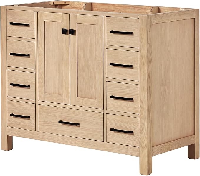 ARIEL Cambridge 42-inch Bathroom Vanity Base Cabinet,Solid Wood, 2 Soft Closing Doors, 9 Dovetail Drawers, White Oak