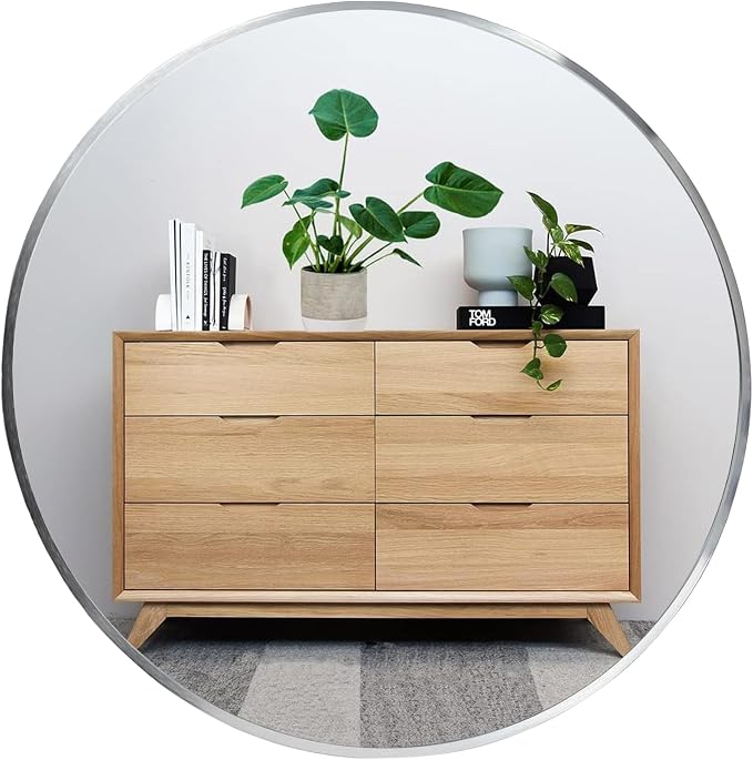 Round Mirror, 20 inch Silver Circle Mirror,Bruhsed Nickel Metal Frame | High Definition,Waterproof,Rust-resistant,Round Mounted Mirrors for Bathroom,Living Room,Bedroom,Hallyway,Vanity,Wall Décor