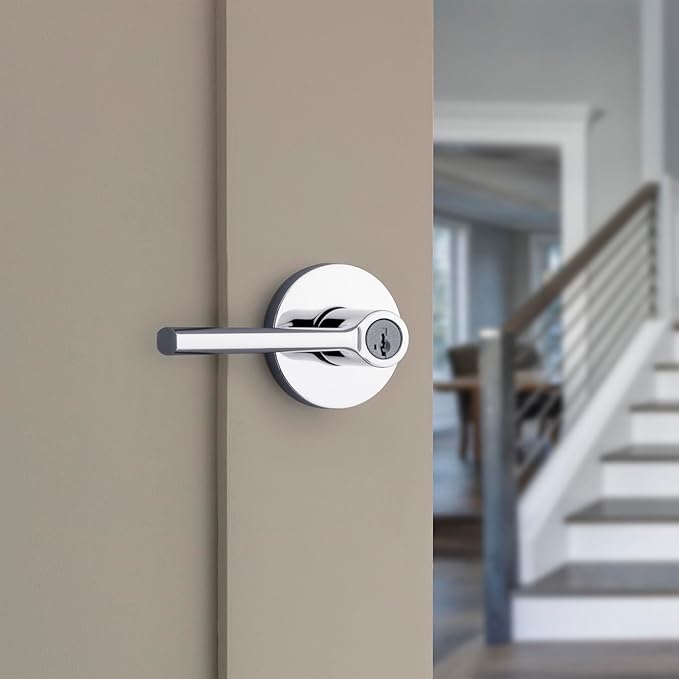 Kwikset Lisbon Round Entry Door Knob with Lock and Key, Secure Keyed Handle Exterior, Front Entrance and Bedroom, Polished Chrome, Pick Resistant SmartKey Rekey Security