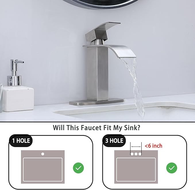 VAPSINT Brushed Nickel Waterfall Bathroom Faucet, Modern Single Handle Bathroom Sink Faucet for 1 or 3 Hole, Stainless Steel Deck Mount Vanity Washbasin Faucets with Deck Plate and Pop-up Drain