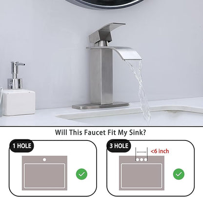 VAPSINT Brushed Nickel Waterfall Bathroom Faucet, Modern Single Handle Bathroom Sink Faucet for 1 or 3 Hole, Stainless Steel Deck Mount Vanity Washbasin Faucets with Deck Plate and Pop-up Drain