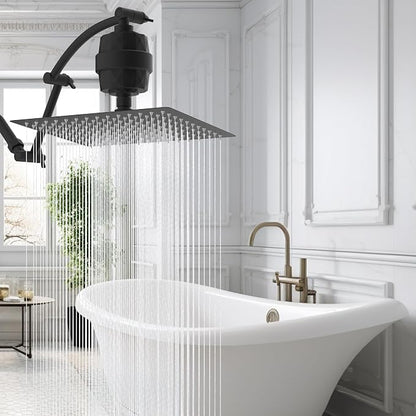 Hibbent 12'' Filtered Rain Shower Head with 16'' Extension Arm, Matte Black | High Pressure Rainfall Showerhead, Brass Adjustable Shower Head Extension Arm, 20 Stage Shower Filter, Fixed Showerheads