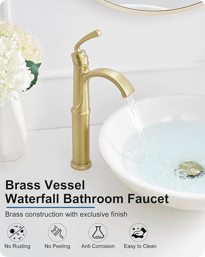 Tall Vessel Sink Faucet, Brass Waterfall Bathroom Sink Faucet Single Handle, Gold Bathroom Faucet 1 Hole, Tall Bathroom Faucets with Pop-Up Drain Water Supply Hoses