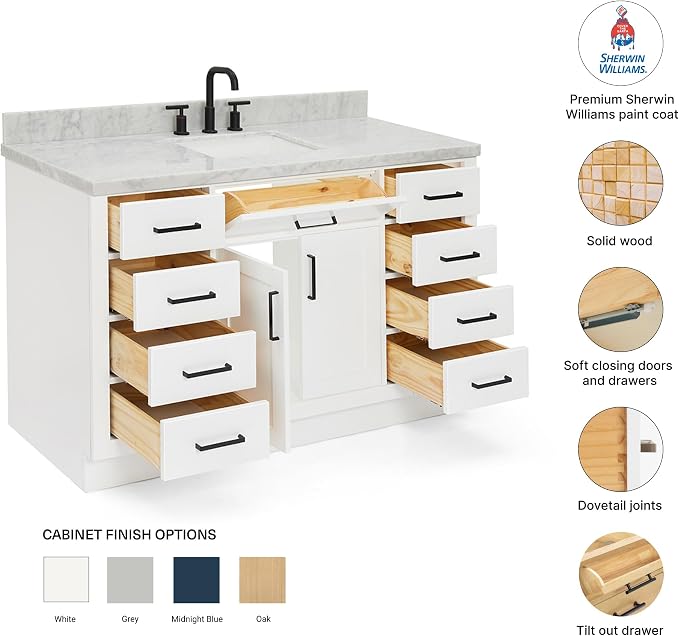 DKB Isabella 54" White Single Bathroom Vanity with Sink, 1.5" Italian Carrara Marble Countertop, Rectangular Undermount Sink, 2 Soft Closing Doors, 8 Dovetail Drawers, 1 Tilt Drawer