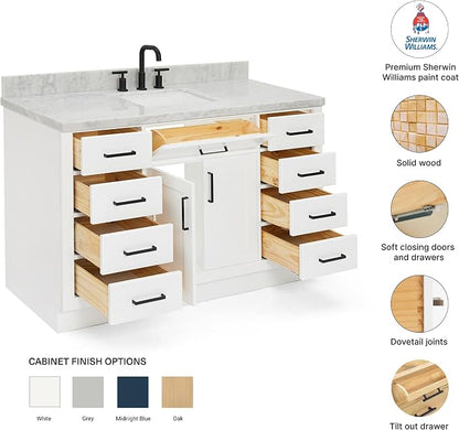 DKB Isabella 54" White Single Bathroom Vanity with Sink, 1.5" Italian Carrara Marble Countertop, Rectangular Undermount Sink, 2 Soft Closing Doors, 8 Dovetail Drawers, 1 Tilt Drawer