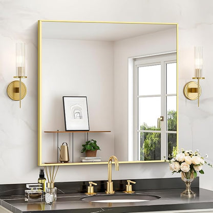COFENY Gold Bathroom Mirror for Wall, 30x30 Inch Square Mirrors with Metal Frame, Modern Vanity Wall Mirror Decor for Bathroom Living Room, Entryway Hangs Horizontal or Vertical