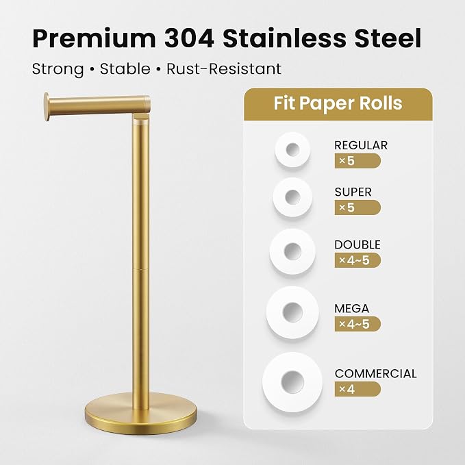 Cesun Free Standing Toilet Paper Holder Stand with Weighted Base, Gold | SUS304 Rustproof Steel | Thick Non-Slip Base | Swivel Pivot Design | Slim Footprint | Holds 5 Rolls