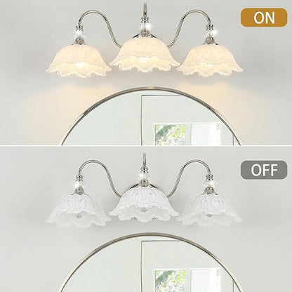 Brushed Nickel 3-Light Bathroom Vanity Light with Floral White Glass Shades, Brushed Nickel Wall Mount Lighting for Bathroom, Dressing Table