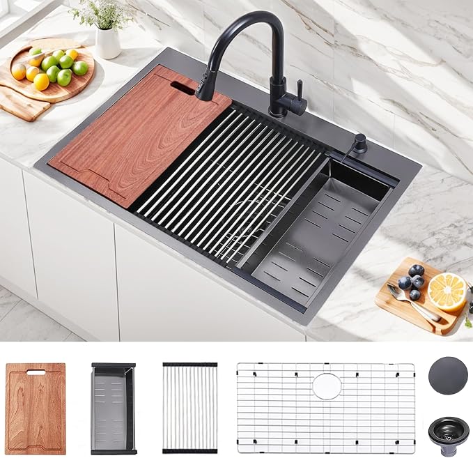 33x22 Inch Black Drop In Kitchen Sink - VAPSINT 33 Inch Top Mount Single Bowl 9 Inch Deep Handmade Workstation Sink in Gunmetal Stainless Steel with Cutting Board & Strainer
