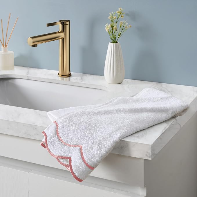 Peri Home 100% Cotton Hand Towel for Bathroom, Embroidered, Soft & Absorbent, 500 GSM, 1 Piece, 16" x 27", White with Blush Scallop | Bathroom, Embroidered, Soft & Absorbent