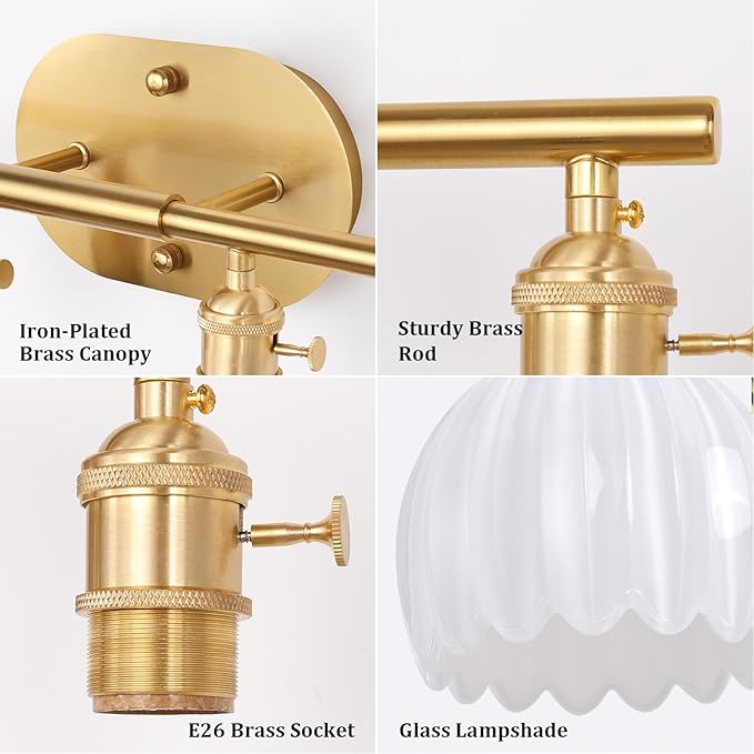 Bathroom Light Fixtures, 4-Light Brass Vanity wall Light Over Mirror with White Tulip Glass Shade for Bedroom Living Room (Bulb Not Included)