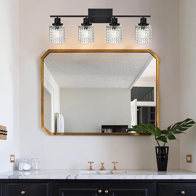 MELUCEE 4 Lights Black Bathroom Light Fixtures with Hammered Glass Shade | Indoor Metal Vanity Light Wall Lights for Powder Room Hallway Kitchen, E26 Base