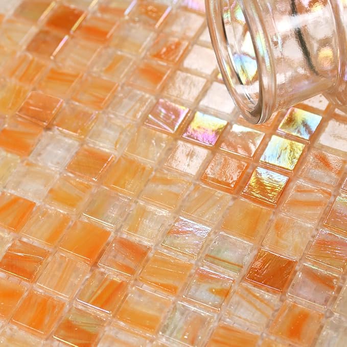 5.75 Sq.Ft Iridescent Orange Glass Mosaic Tile for Bathroom, Backsplash | Waterproof Wall & Floor Tile. Heat & frost resistant outdoors, Swimming Pool, Fireplace, Restaurants, Hotels, Laundry, 10pcs.