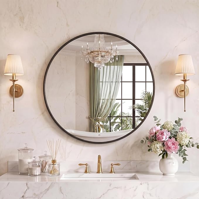 Sweetcrispy 30 Inch Round Wall Mirror, Bathroom Mirrors for Over Sink | Matte Metal Framed, Wall Decor for Bedroom, Entryway, Anti-Rust, Tempered Glass, Hanging or Leaning, Black