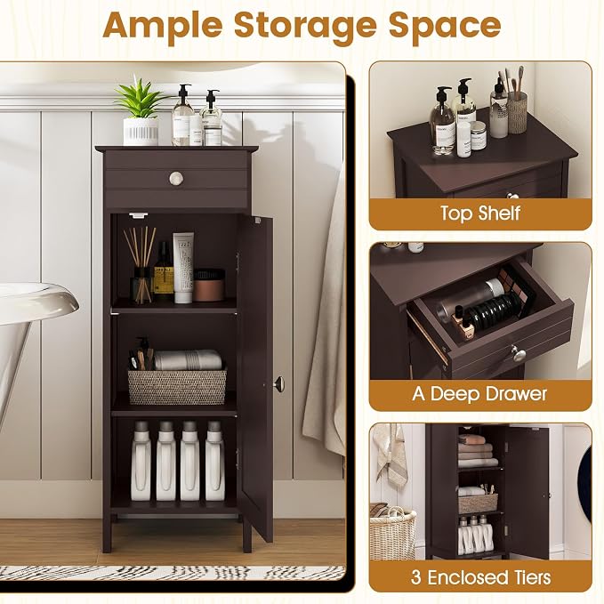 Giantex 34.5" Bathroom Cabinet with Drawer & Single Door (Brown) | Narrow Side Storage Organizer with 6 Shelf Positions, Freestanding Floor Storage Cabinet for Bathroom, Living Room, Entryway
