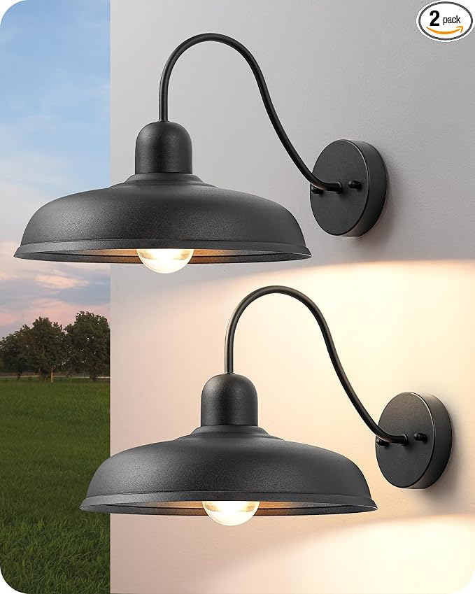 EDISHINE 2 Pack Outdoor Wall Light, 12" Farmhouse Gooseneck Barn Light | Black Matte, Hardwired, E26 Base, Weatherproof Wall Mount Lantern for Porch, Entryway, Garage, Garden, Patio