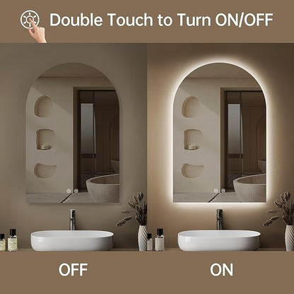 Arched Backlit Mirror Bathroom 20"x30"- Frameless LED Bathroom Mirror with Lights, Fogless, Dimmable, 3 Color Changing, Shatterproof, Touch Sensor