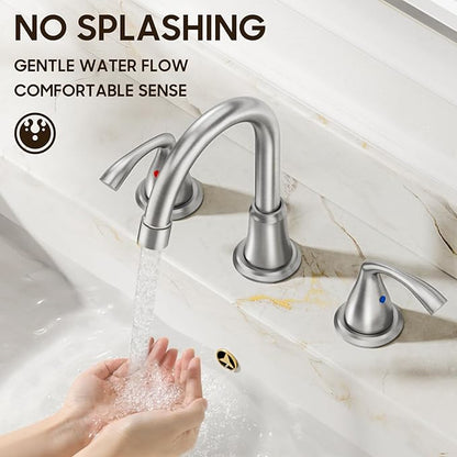 Phiestina 8 Inch Brushed Nickel Widespread Bathroom Sink Faucet, 2 Handle 3 Hole Bathroom Faucet with Metal Pop up Drain and Water Supply Lines, WFJC180-BN