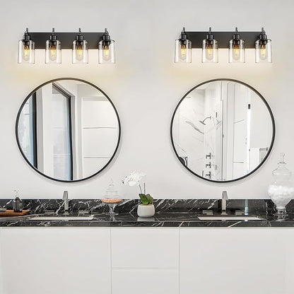 4-Light Black Bathroom Light Fixture Over Mirror Modern Farmhouse Bathroom Vanity Light Vintage Wall Lighting with Clear Glass Shade for Bathroom, Bedroom, Hallway, Cabinet