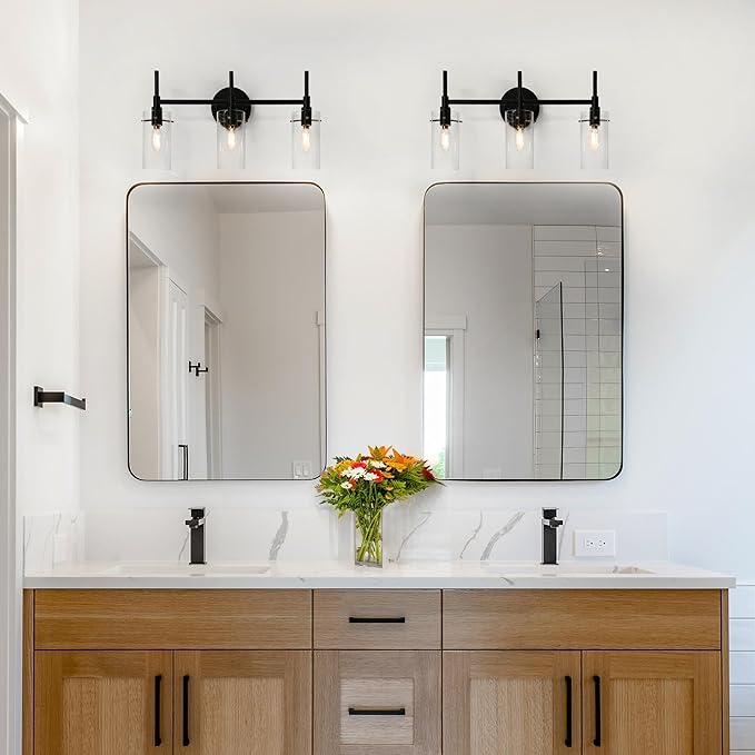 Bathroom Light Fixtures, Black Vanity Lights for Bathroom, 3 Light Bathroom Vanity Light, Black Wall Sconces Lighting with Clear Glass Shades