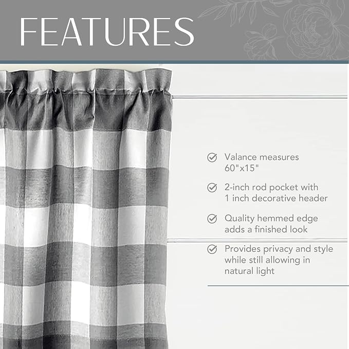 Farmhouse Living Buffalo Check Window Valance, Black/White - 60" W x 15" L