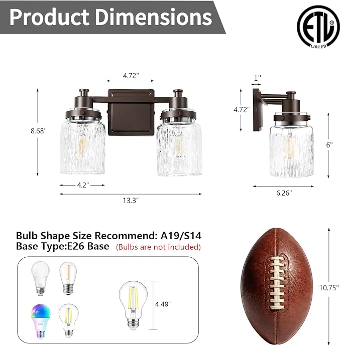 2 Light Bathroom Vanity Light Fixtures Farmhouse Oil Rubbed Bronze | ETL Certificate, Easy to Install,Wall Mount Up or Down,Hammered Glass Lampshade,E26 Socket,Hardwired,120V