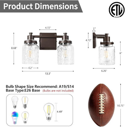 2 Light Bathroom Vanity Light Fixtures Farmhouse Oil Rubbed Bronze | ETL Certificate, Easy to Install,Wall Mount Up or Down,Hammered Glass Lampshade,E26 Socket,Hardwired,120V