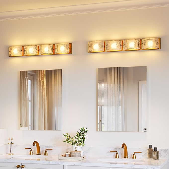 Tribesigns 4-Light Vanity Fixtures, Curved Cloud Glass Lampshades Gold Copper Plate, Modern Bathroom Wall Lighting Fixtures Over Mirror, 3CCT LED Vanity Lights (29-Inch, 3000K/4000K/5000K, Dimmable)