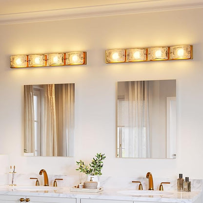Tribesigns 4-Light Vanity Fixtures, Curved Cloud Glass Lampshades Gold Copper Plate, Modern Bathroom Wall Lighting Fixtures Over Mirror, 3CCT LED Vanity Lights (29-Inch, 3000K/4000K/5000K, Dimmable)
