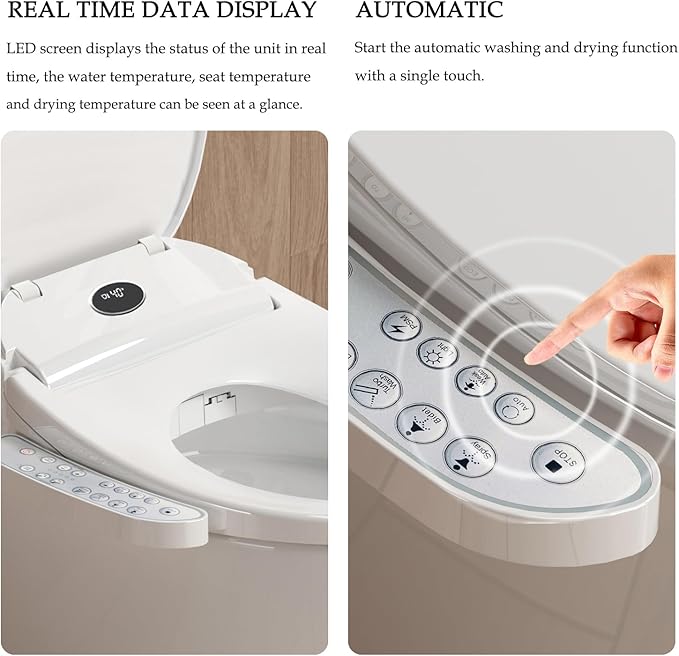 Bidet Toilet Seat, Bidet Seat With Warm Water Wash, Heated Seat, Air Dryer, Soft Close Lid, Night Light, Self Cleaning Nozzle, LED Display, Requires Outlet - Round