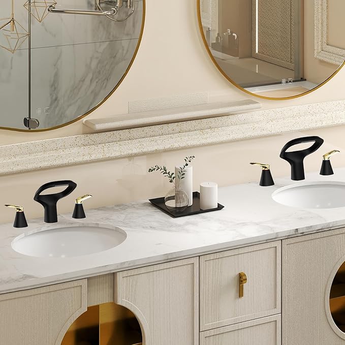 Black Bathroom Faucet 3 Hole, Modern Faucet for Bathroom Sink with Adjustable Spout, Solid Brass 8 Inch Widespread Waterfall Bathroom Faucets with Water Supply Hoses and 2 Gold Handles