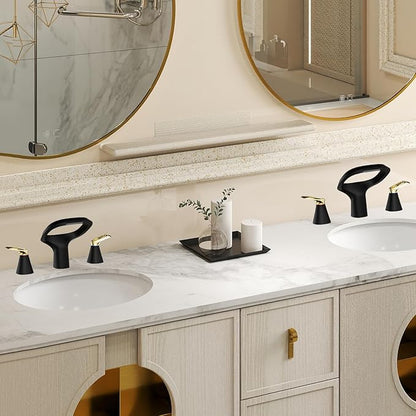 Black Bathroom Faucet 3 Hole, Modern Faucet for Bathroom Sink with Adjustable Spout, Solid Brass 8 Inch Widespread Waterfall Bathroom Faucets with Water Supply Hoses and 2 Gold Handles