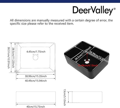 DeerValley 16x12 Inch Black Rectangular Vessel Sink, Above Counter Porcelain Ceramic Top Mount Sink, Countertop Vanity Art Basin for Bathroom, DV-1V0048B