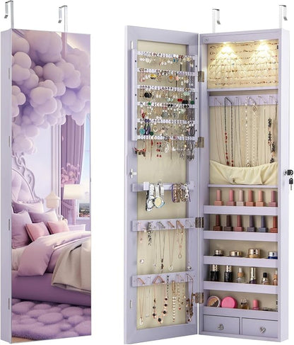 Giantex Wall or Door Mounted Jewelry Armoire with 47.5" Full Length Mirror, Lockable Cabinet with 2 LED Lights, 2 Drawers, Over the Door Large Jewelry Storage Organizer (Lavender)