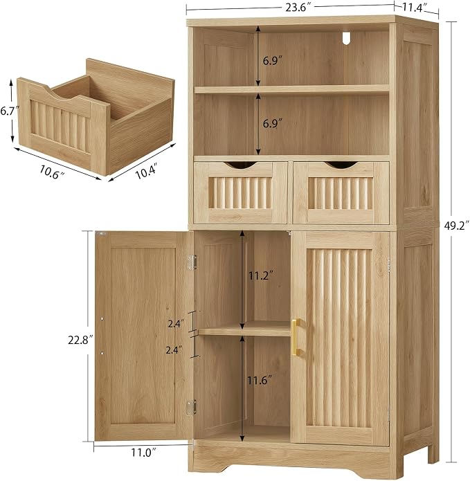 Iwell Tall Storage Cabinet, Fluted Cabinet with 2 Drawers & Adjustable Shelf, Bathroom Storage Cabinet, Kitchen Pantry Storage Cabinet, for Living Room, Dining Room, Home Office, Natural Oak