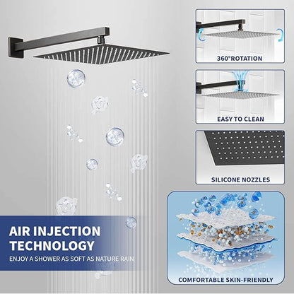 BWE Shower Faucet Oil Rubbed Bronze 12 Inch Square Bathroom Luxury Rain Mixer Shower Combo Set 2-Functions Wall Mounted Rainfall Shower Head System Rough-in Valve Body and Trim Included