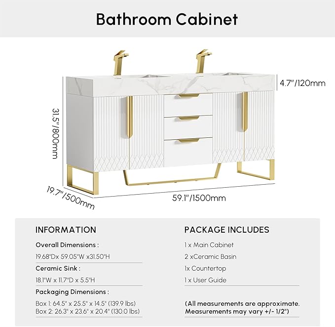 Bathroom Vanity with Sink, Modern Bathroom Vanity with Faux Marble Top, Gold Hardware & Soft-Close Drawers for Bathroom Storage (59.1 Inch, White, Double Sink & Freestanding)