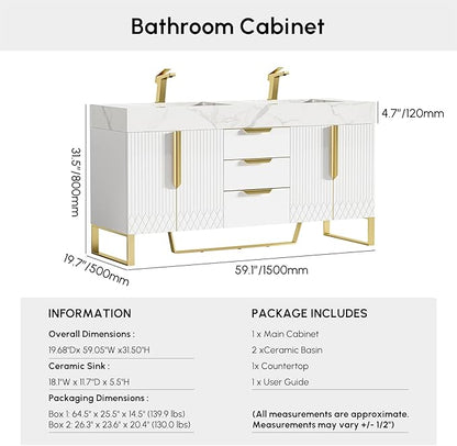Bathroom Vanity with Sink, Modern Bathroom Vanity with Faux Marble Top, Gold Hardware & Soft-Close Drawers for Bathroom Storage (59.1 Inch, White, Double Sink & Freestanding)