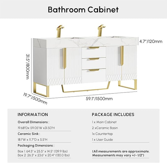 Bathroom Vanity with Sink, Modern Bathroom Vanity with Faux Marble Top, Gold Hardware & Soft-Close Drawers for Bathroom Storage (59.1 Inch, White, Double Sink & Freestanding)