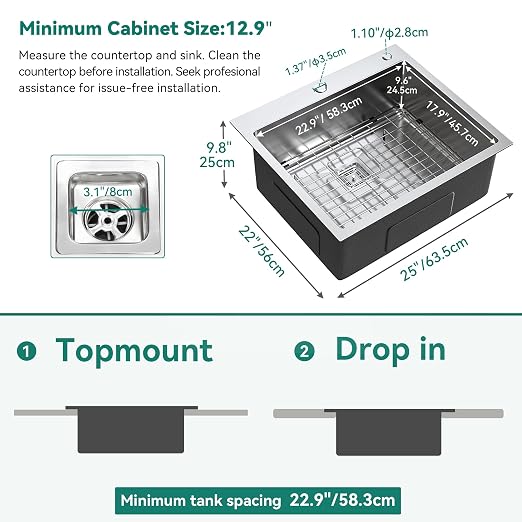 YITAHOME Drop in Kitchen RV Sink 25 in Topmount 304 Stainless Steel Single | Bar Sinks 25 x 22 x 10 Inch