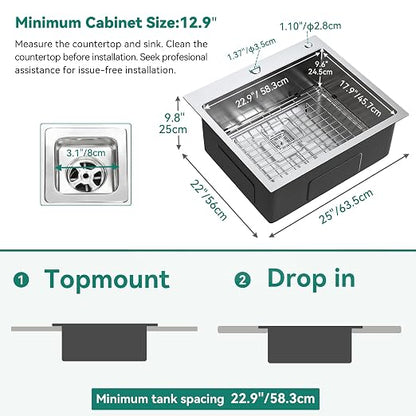 YITAHOME Drop in Kitchen RV Sink 25 in Topmount 304 Stainless Steel Single | Bar Sinks 25 x 22 x 10 Inch