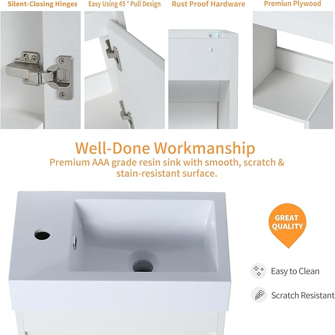 18 Inch Bathroom Vanity with Sink,Wall Mounted Bathroom Vanity Sink Combo with Soft Close Door for Small Space,Modern Floating Bathroom Vanity with Top Basin & Storage Cabinet,White