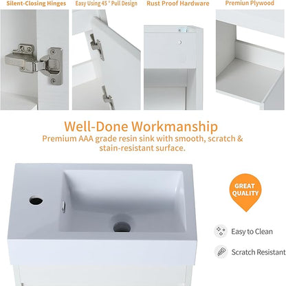 18 Inch Bathroom Vanity with Sink,Wall Mounted Bathroom Vanity Sink Combo with Soft Close Door for Small Space,Modern Floating Bathroom Vanity with Top Basin & Storage Cabinet,White