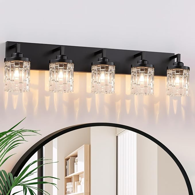 maesta Black Bathroom Light Fixture,5 Light Modern Vanity Light Over Mirror | Modern Vanity Light, Black Metal & Crystal Glass Fixture, Anti-Rust, Easy to Install for Bathroom Hallway Bedroom Entryway