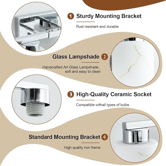 4-Light Bathroom Light Fixtures, Modern Vanity Lights, Chrome Metal Wall Lamp with White Marble Glass for Bathroom, Mirror, Living Room, Bedroom, Cabinet, Porch, Hallway, E26 Base
