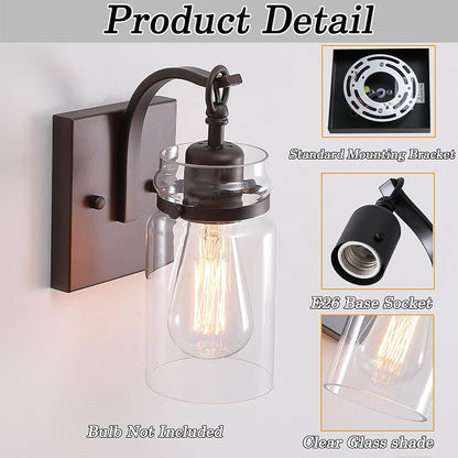 Wall Sconces Set of Two, Oil Rubbed Bronze Sconces Wall Lighting Fixtures with Clear Glass Indoor Farmhouse Bathroom Wall Sconce for Bathroom Hallway Stairwell