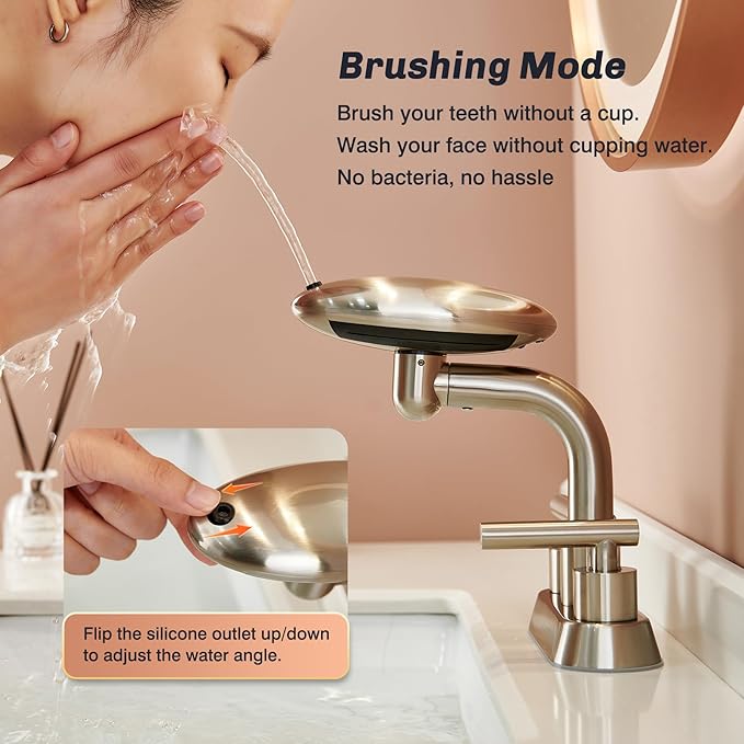 Bathroom Sink Faucet 3 Hole Brushed Nickel 4 Inch Centerset，4 Modes Waterfall Bathroom Faucet 2 Handle with 360° Swivel Spout & Pop Up Drain