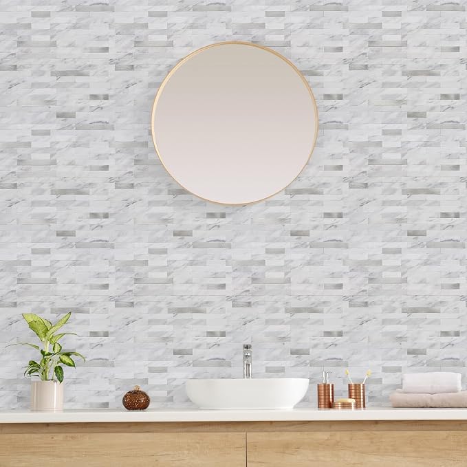 STICKGOO Peel and Stick Backsplash, PVC Wall Tiles Stick on Backsplash for Kitchen(1 Sheet, White Marble with Metal Silver)